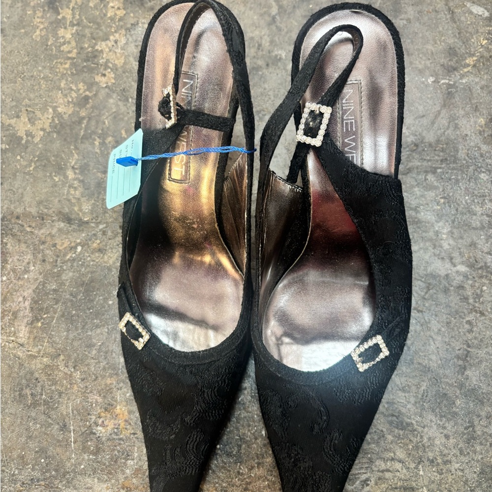 Nine West Black Lace Heels with Silver Buckle
